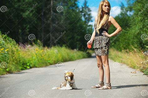 Beautiful Woman With Dog Leash Stock Photo Image Of Head Looking