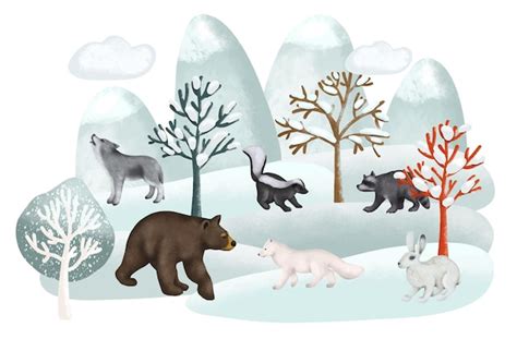 Ilustração de animais da floresta na paisagem da floresta de inverno