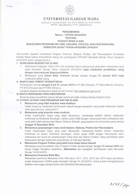 Pengumuman Pendaftaran Ulang Mahasiswa Semester Genap 2014 2015