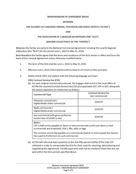National Commercial Agreement Nca Association Of Canadian Advertisers