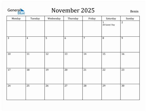 November 2025 - Benin Monthly Calendar with Holidays