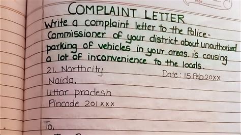 Write A Complaint Letter Against Unauthorised Parking Of Vehicles In