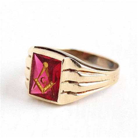 Sale Vintage Masonic Ring K Rosy Yellow Gold Created Ruby Men S