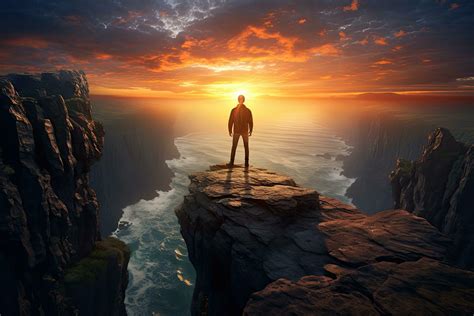 Man Standing On The Edge Of A Cliff And Looking At The Sunset Rear