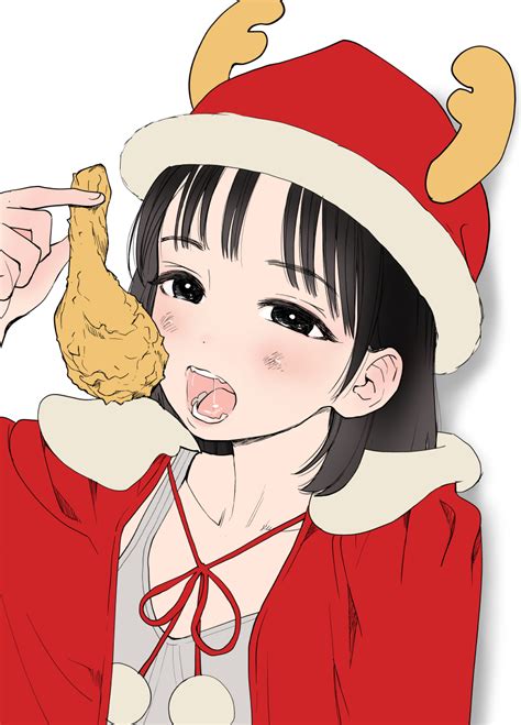 Safebooru 1girl Black Eyes Black Hair Blush Christmas Collarbone Fried Chicken Hanamizawa Q