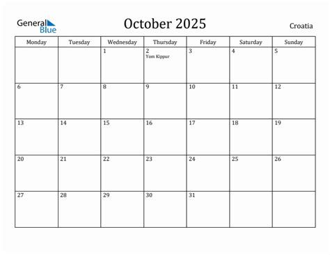 October 2025 - Croatia Monthly Calendar with Holidays