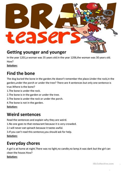 Brain Teasers(With Answer Key) Worksheet - Free Esl Printable ...