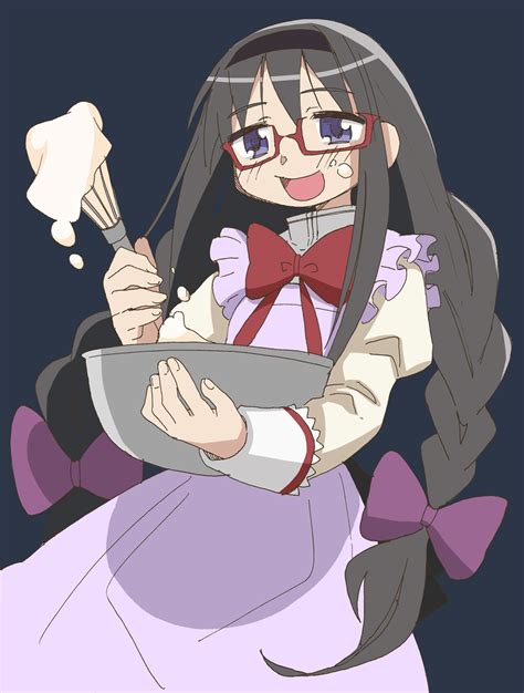 Safebooru Akemi Homura Apron Baking Black Hair Black Headband Black