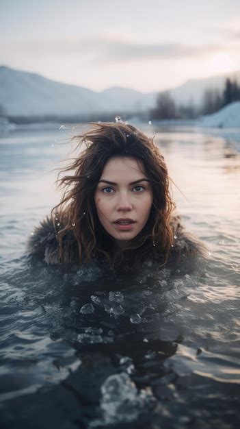 Premium Ai Image A Beautiful Woman Swims In An Icy Lake Generative Ai