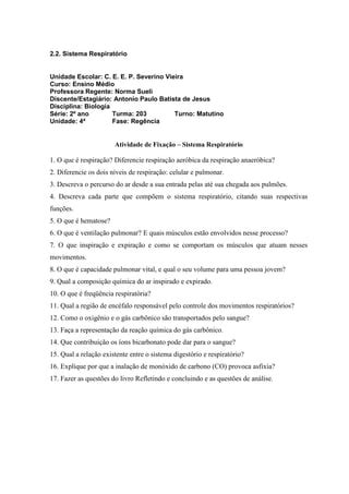 Plano De Aula Sistema Excretor E Respirat Rio Pdf