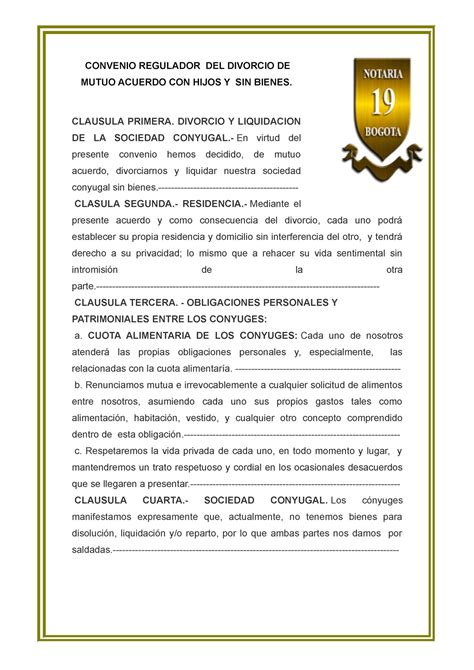 Convenio Regulador De Divorcio De Mutuo Acuerdo Con Hijos Y Sin Bienes