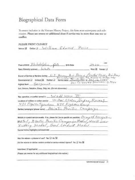 Fillable Online Biographical Data Fillable Form Veterans History