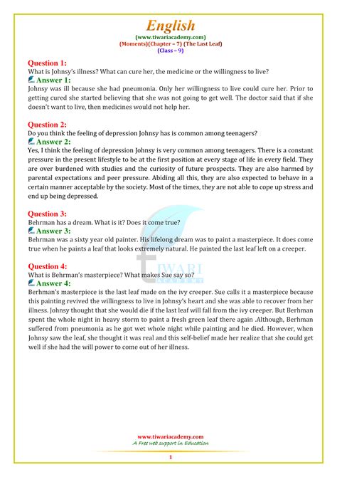 NCERT Solutions For Class 9 English Moments Chapter 7 The Last Leaf