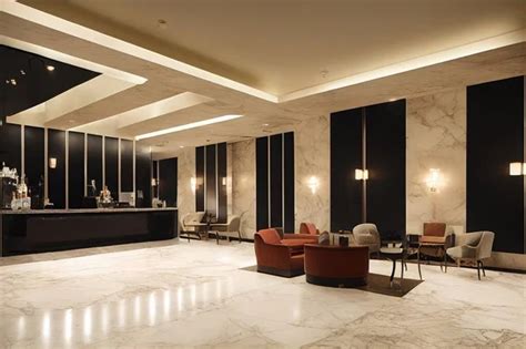 Hotel Lobby Interior With Reception Desk Sofas Marble Floor And Long Bar Stock Image