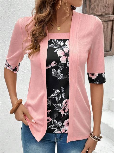 Square Neck Short Sleeve Floral Regular Micro Elasticity Loose Mock Two