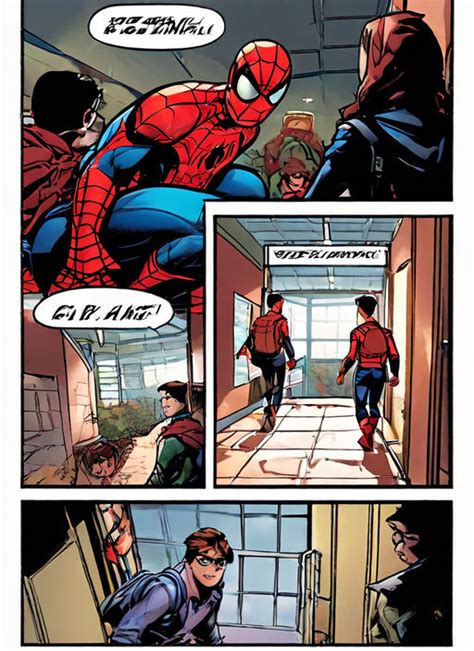 Create a Spider-Man comic book panel showing Peter parker st... by ...