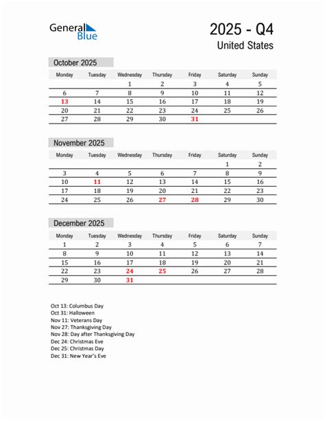 Q4 2025 Monday Start Quarterly Calendar With United States Holidays