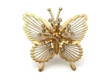 Monet Butterfly Brooch Vintage Rhinestone Gold Tone Wire