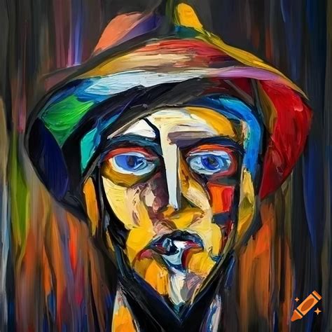 Abstract Knife Painting Of Man S Face In A Hat With Cubism And Impasto