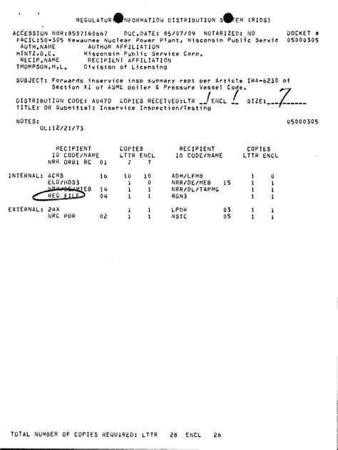 Fillable Online Nrc Forwards Inservice Insp Summary Rept Per Article