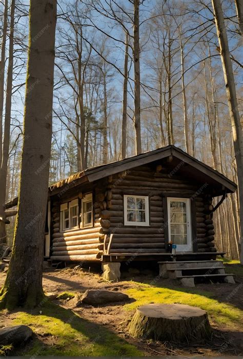 A Cabin With A Bench And A Log Cabin In The Woods Premium Ai