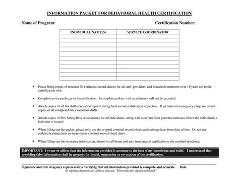 New Hampshire Information Packet For Behavioral Health Certification