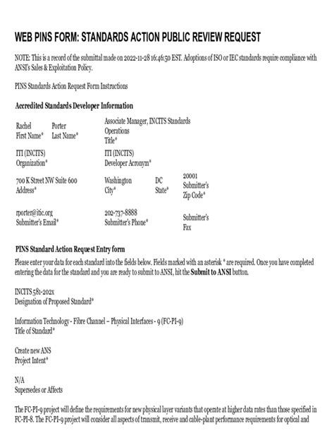 Fillable Online Standards Incits Web Pins Form Standards Action Public