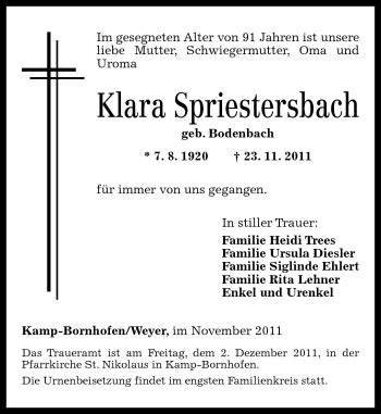 Traueranzeigen Von Klara Spriestersbach Rz Trauer De