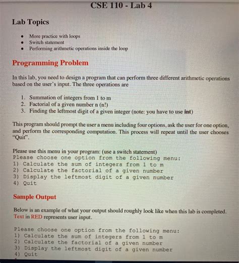 CSE 110 Lab 4 Lab Topics More Practice With Loops Switch