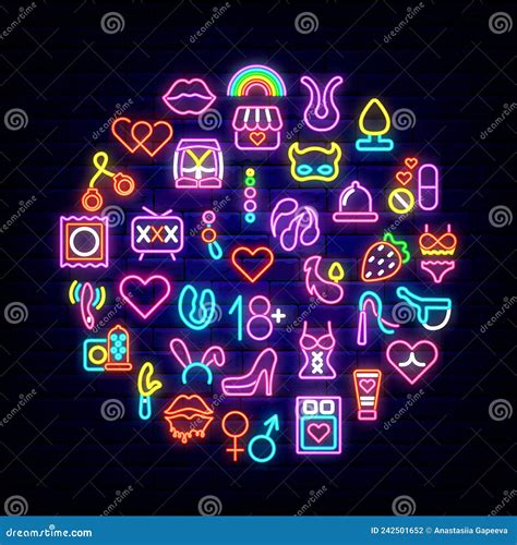 Sex Shop Neon Round Layout Shiny Icons Collection Circle Template Sign Intimate Market