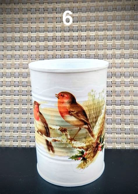 Decoupaged Cans With Birds Tin Can Storage Vases Cup Etsy