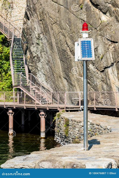 solar powered lighthouse   harbour stock image image  panel