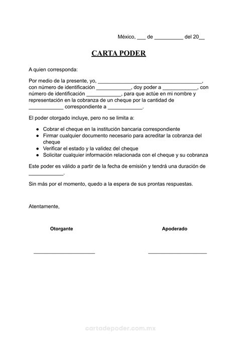 ᐅ Carta Poder para Cobrar un Cheque Ejemplos Word PDF