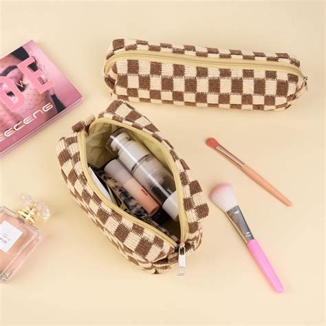 SOIDRAM Makeup Bag Checkered Cosmetic Bag Brown Makeup Pouch 1Pcs Large