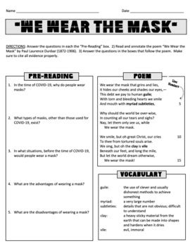 Paul Dunbar S We Wear The Mask Poem Worksheet Answer Key