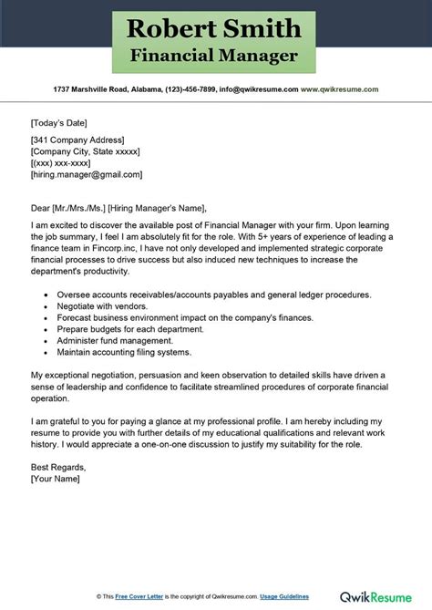 Financial Manager Cover Letter Examples Qwikresume