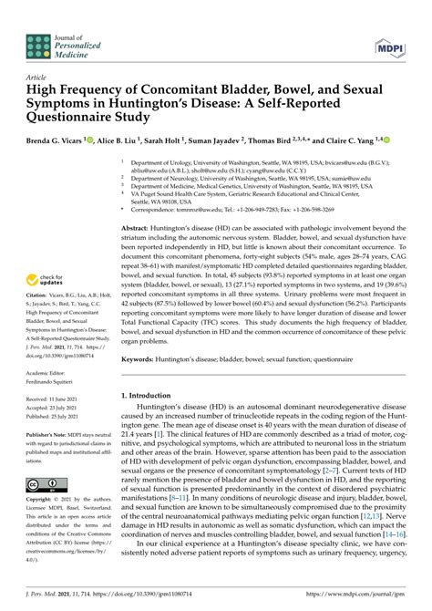 Pdf High Frequency Of Concomitant Bladder Bowel And Sexual Symptoms In Huntingtons Disease