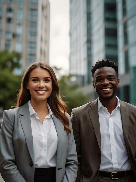 A Man And Woman Posing For A Photo In Front Of A Desk Premium Ai