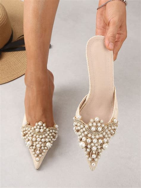 Faux Pearl Decor Kitten Heeled Mules Heeled Mules Heels Wedding Shoes