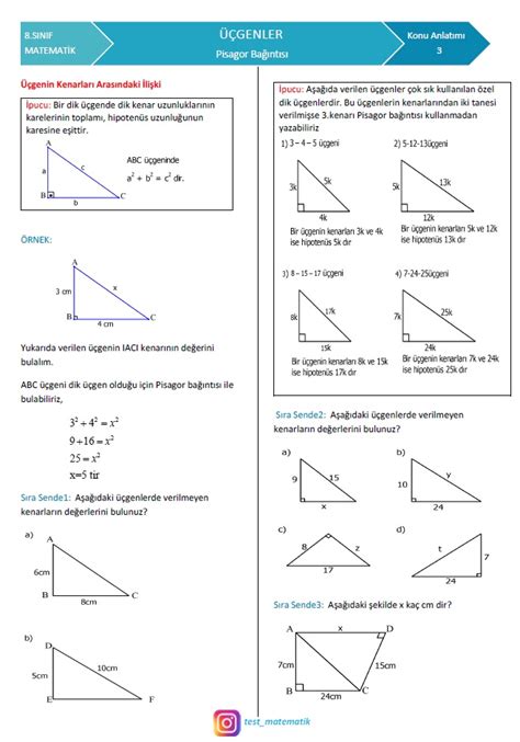 8 SINIF PİSAGOR BAĞINTISI KONU ANLATIMI Test Matematik