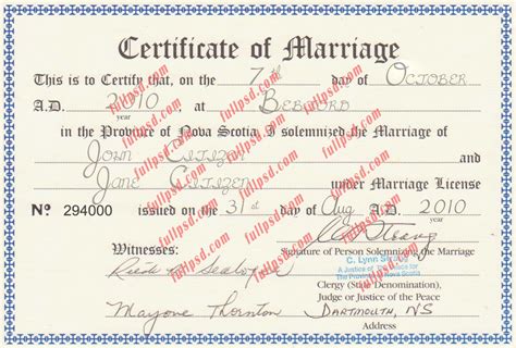 Canada Province Nova Scotia Marriage Certificate Psd Photoshop Template