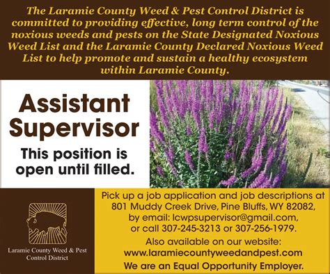 Assistant Supervisor Laramie County Weed And Pest Control District Pine Bluffs Wy