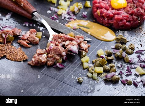 Steak Tartare Preparation Raw Ground Beef Dish With Onion Mustard