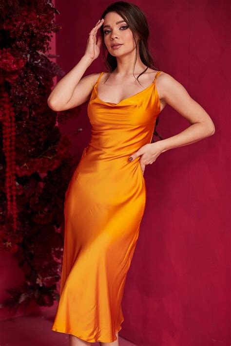 Orange Silk Slip Midi Dress Cowl Neck Summer Silk Dress Etsy In