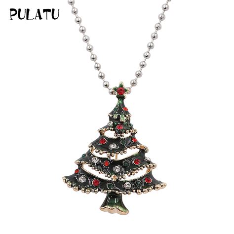 Pulatu Christmas Tree Necklace For Women Green Enamel Alloy Metal