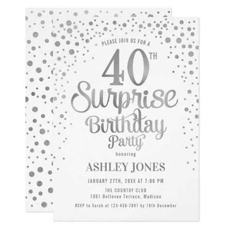 Surprise 40th Birthday Party Silver And White Invitation Zazzle