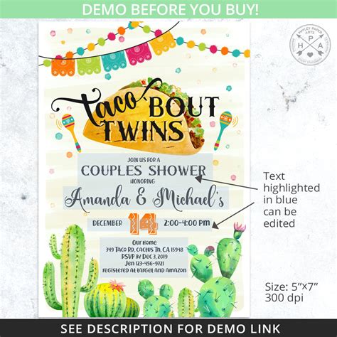 Taco Bout Twins Baby Couples Shower Invitation Cactus Etsy