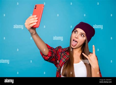 Closeup Photo Of Pretty Crazy Lady Hold Telephone Blogger Making