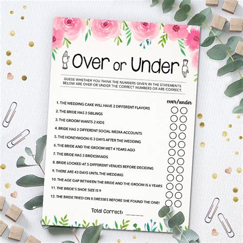 Over Or Under Bridal Shower Game Printable Bridal Shower Etsy Uk