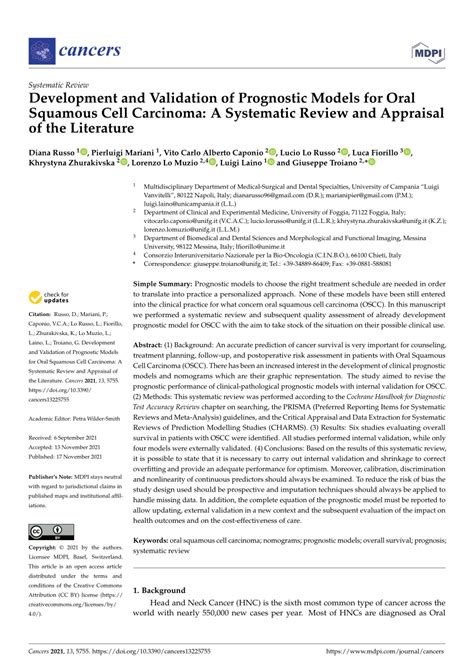 Pdf Development And Validation Of Prognostic Models For Oral Squamous